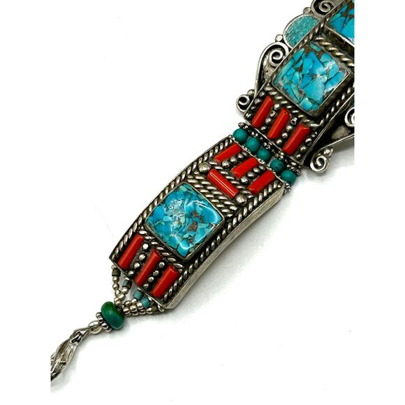 Tibetan Silver Turquoise Coral Set Bracelet Ring Earrings Adjustable - Picture 6 of 8